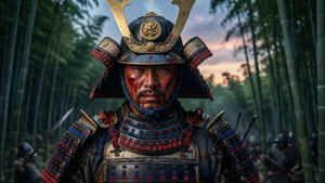 血跡斑斑的武士穿著精細盔甲，站在黃昏的竹林中。 — 血 壁紙