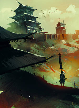 武士戰士在橋上手持旗幟，面向夕陽下的遠方城堡。