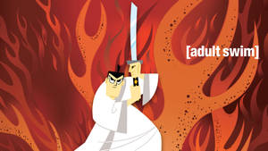 動漫武士戰士在火焰背景下持劍。