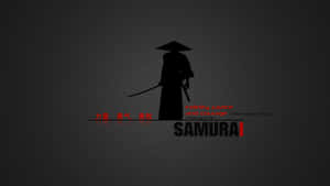 黑色武士剪影，手持劍，背景為深灰色紋理，帶有紅色文字。 — 武士 壁紙