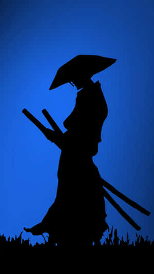 武士剪影，帶雨傘和劍，襯以藍色夜空。