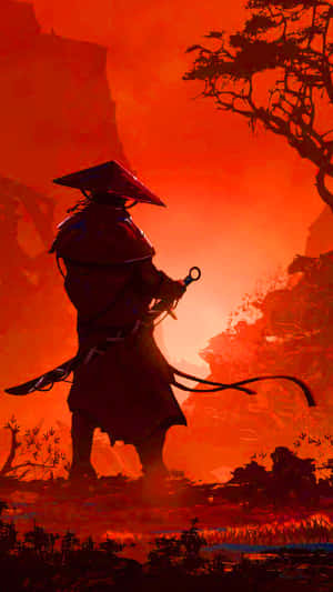 武士戰士在日落時分持刀，背景有樹木和山脈