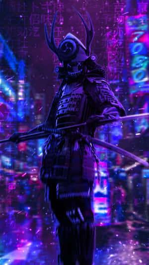 賽博龐克霓虹城市中的武士戰士，擁有發光的眼睛和漂浮的日文字。