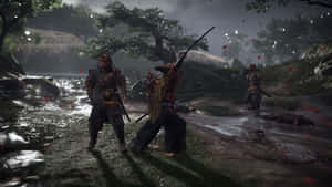 武士在雨林中戰鬥，紅葉飄落。 — 對馬戰鬼 GIF 壁紙