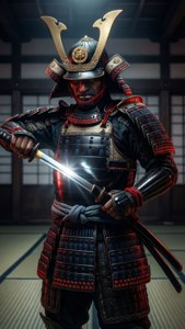 身穿精細盔甲的武士在木製道場中手持武士刀