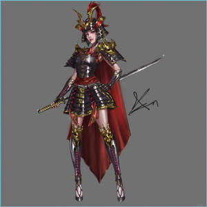 身穿精細盔甲的女武士，手持劍和紅色斗篷。