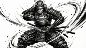 身穿精細盔甲的武士手持刀，帶有運動線條。