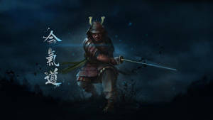 身穿黑色鎧甲的武士戰士，在暴風雨的夜林中手持發光的劍。