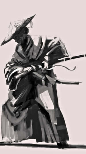 身穿傳統服飾的武士戰士以動態姿勢持劍。 — 手機 壁紙