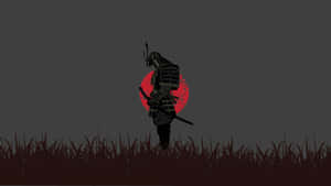 武士剪影在草叢中映襯著紅太陽。 — 武士 壁紙