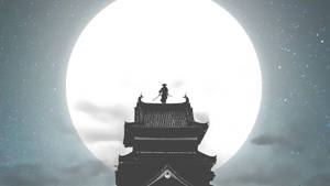 武士在塔頂上，滿月與星空下