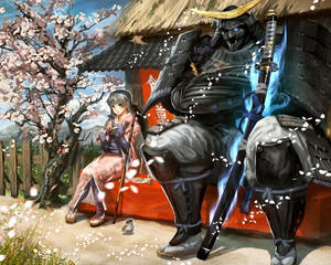 一個穿著粉紅色和服的女孩坐在櫻花樹下的武士旁邊。 — 日本武士 壁紙
