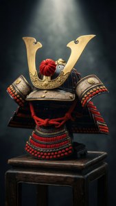 聚光燈下木架上的武士盔甲，帶有金色和紅色細節。