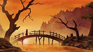 武士在橙色日落中穿過河上的木橋，周圍有光禿禿的樹木