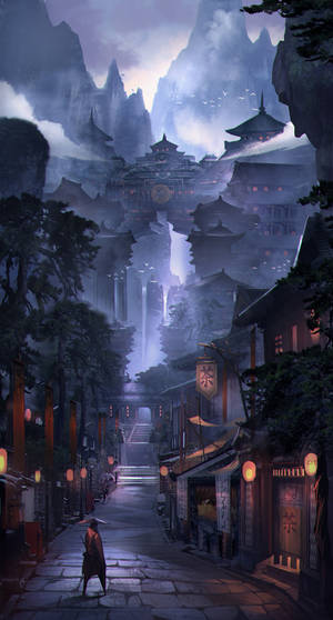 一個孤獨的身影沿著石徑走向暮色迷霧中的山寺。