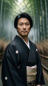 一個穿著傳統日本和服的男子站在竹林裡。