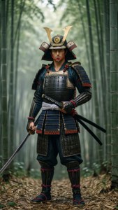 全副武裝的武士在竹林中持刀。