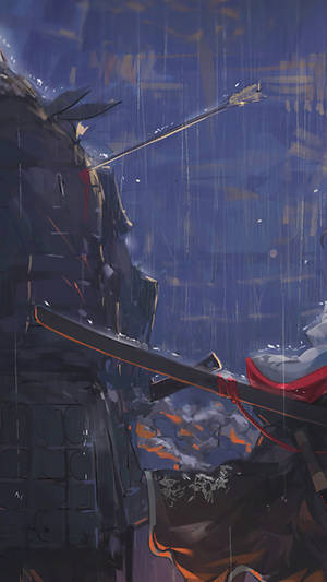 武士在雨中，在藍色和橙色燈光下手持弓和劍。