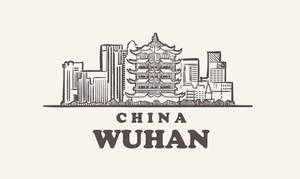 武漢城市天際線插圖， featuring 傳統寶塔和現代建築。 — 唐人街 GIF 壁紙