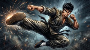 動漫武術家踢擊中，火花在暴風雨背景下飛舞