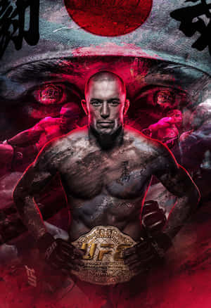 UFC拳手在紅太陽下舉起冠軍腰帶，背後有發光的眼睛。