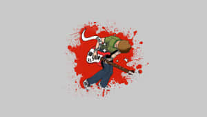 卡通結他手在紅色油漆飛濺背景下彈奏電結他。