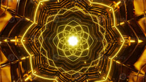 金色幾何隧道，帶有發光的霓虹線條通往明亮的中心。 — 中世紀 GIF 壁紙