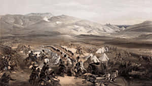 歷史戰場，騎兵和步兵在山區景觀中戰鬥。