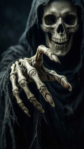 一隻骨瘦如柴、長著長而鋒利爪子的手從黑暗中戴著兜帽的身影向前伸出。