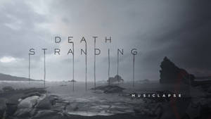 陰鬱的海岸場景，文字「DEATH STRANDING」懸掛在空中。