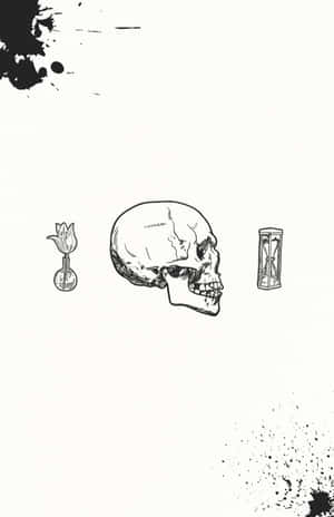 極簡黑色墨水插圖中的骷髏頭、鬱金香和沙漏。