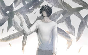 動漫男孩被柔和光線中盤旋的灰色鳥群包圍。