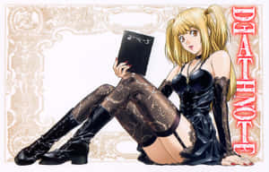 動漫女孩穿著黑色蕾絲服裝，在華麗背景前拿著筆記本。 — 夜神月 壁紙