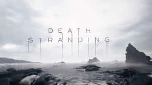 灰色岩石海灘，遊戲標題 Death Stranding 從天空滴落。