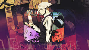動漫角色在 Death Parade 場景拼貼中手持卡牌。