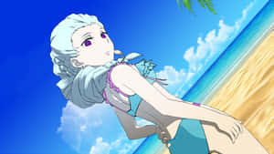 穿著泳裝的動漫女孩在陽光沙灘上放鬆，天空湛藍，白雲朵朵。