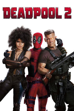 三位身穿戰術裝備的漫畫角色為 Deadpool 2 電影海報手持武器擺姿勢。