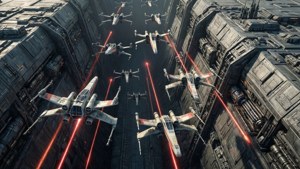 X-wing星際戰鬥機在狹窄的太空峽谷中發射紅色激光。