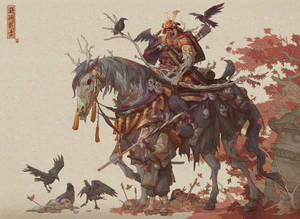 武士騎骷髏馬，烏鴉和頭骨，秋季場景