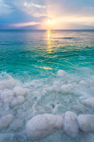日落於鹽結晶海灘，碧綠波浪