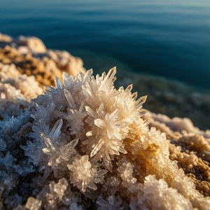 沙灘上閃閃發光的鹽晶體特寫，背景有海洋。