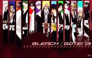十三位身穿黑白制服的 Bleach Gotei 13 角色站在垂直面板上。