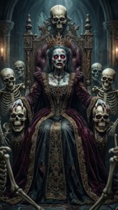 一位骨骼女王，眼睛發出紅光，坐在王座上，周圍環繞著骨骼，在哥德式大教堂中。