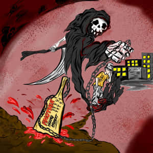 死神用鎖鏈拖住學生向大學行去，地上有打翻的啤酒瓶標有事件。 — 插畫 壁紙