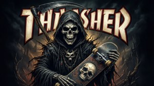 死神在暴風雨天空下手持帶有骷髏設計的滑板，下方有Thrasher標誌。 — Thrasher 壁紙