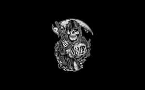 黑白插圖中的死神手持步槍和鐮刀。 — 恐怖 壁紙