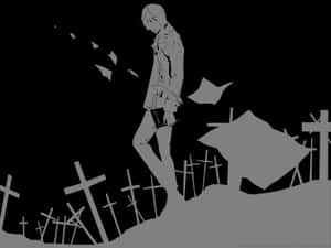 動漫男孩拿著書在灰階墓地的破碎十字架間行走。