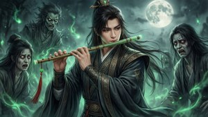 一個穿深色長袍的男人在滿月下被鬼影包圍吹奏長笛
