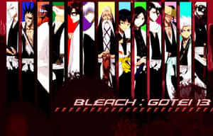 十三位身穿黑白制服的Bleach Gotei 13動漫角色站在垂直面板中。