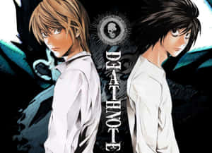 兩個穿著白襯衫的動漫男孩面對面，帶有骷髏標誌和「DEATH NOTE」文字。